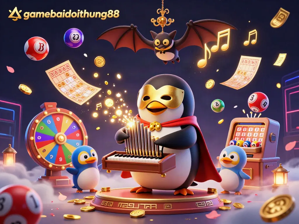 Experience the thrill of gamebaidoithuong88 with a whimsical scene of a penguin organist amid a vibrant, dynamic casino.