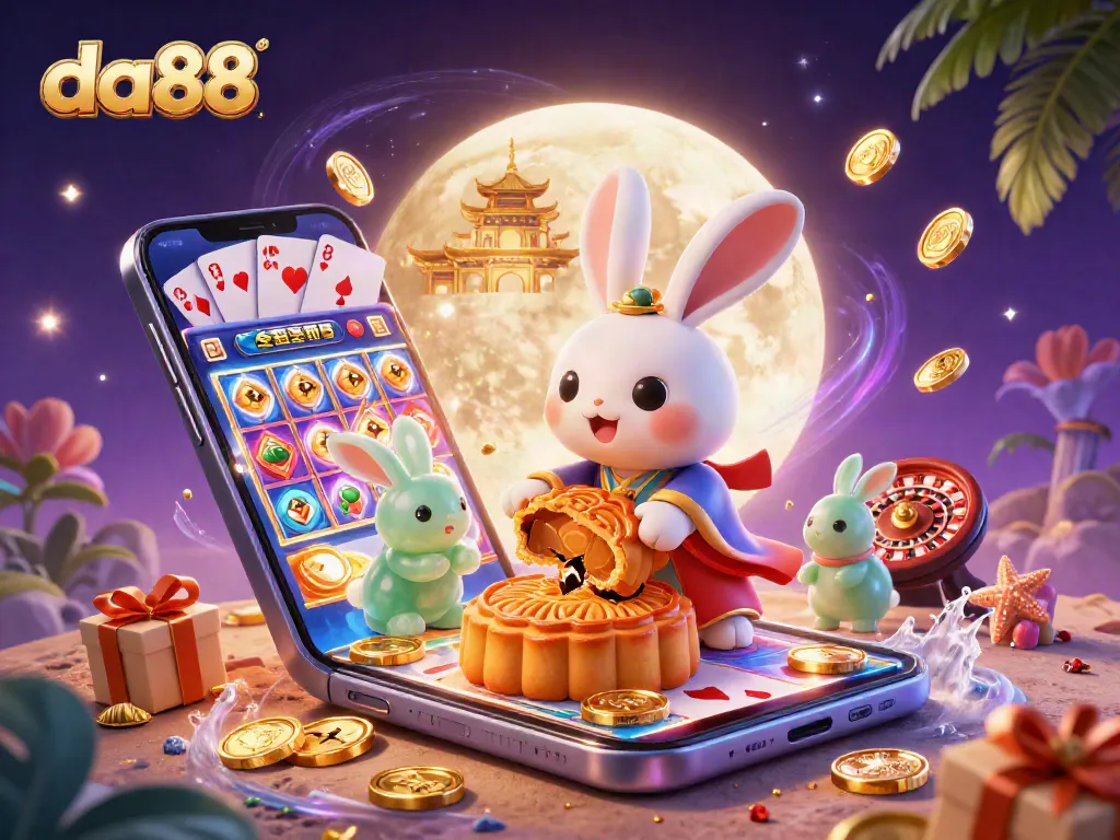 Experience the excitement of da88 as the moon rabbit reveals poker chips in a vibrant casino scene.