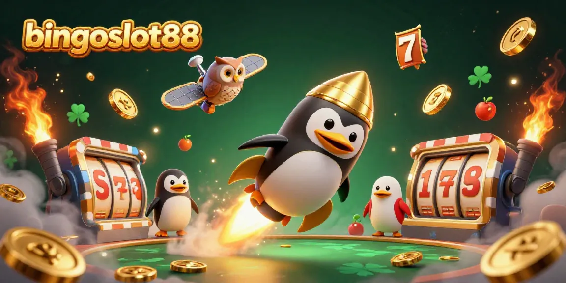 Rasakan keseruan bermain di bingoslot88 dengan ilustrasi kasino bertema roket beruang emas yang dinamis.