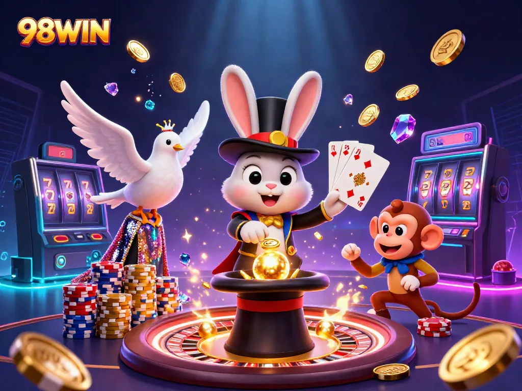 Experience the magic of 98WIN with a captivating 3D image of a magician rabbit, gold coins, and casino excitement.
