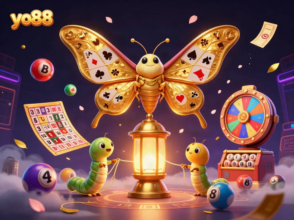 Experience thrilling casino excitement with yo88 as colorful lottery balls and golden elements surround fantastical creatures.