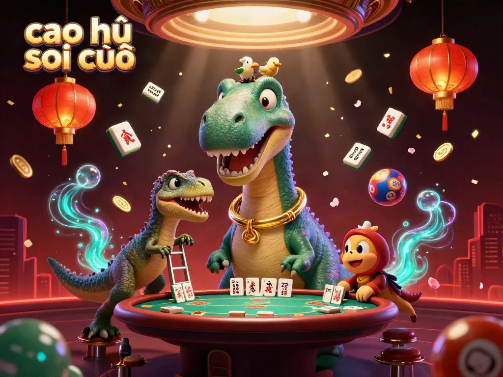 Engage with cao thủ soi cầu as a giant dinosaur overlooks a lively poker scene filled with vibrant colors.