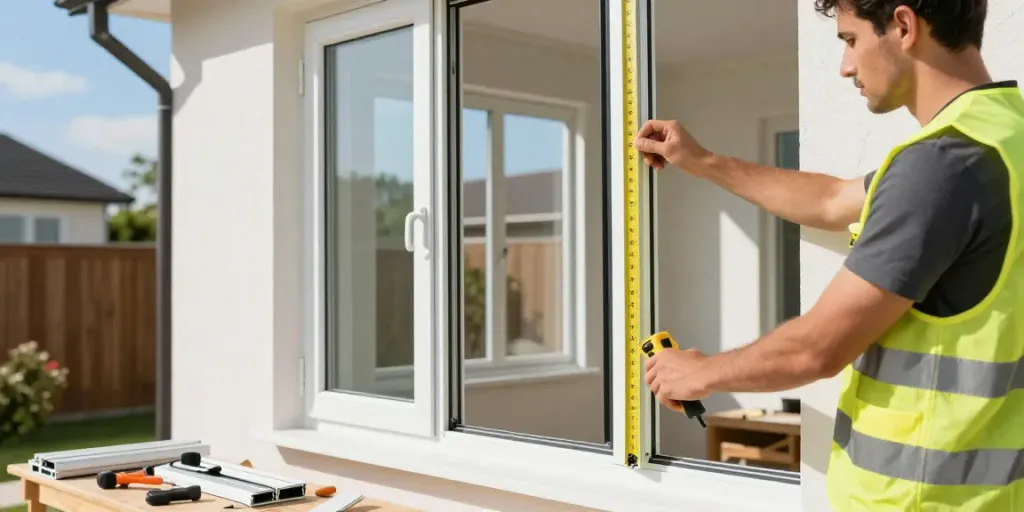 Expert installer working on uPVC murah window installation in bright outdoor setting.