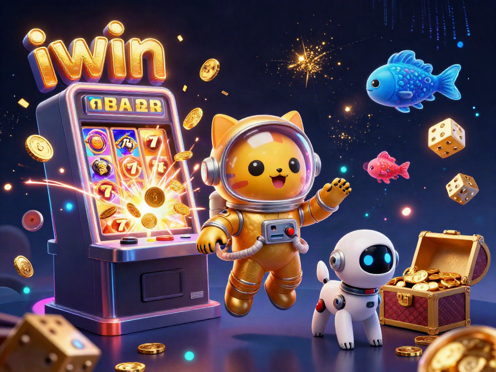 Spin and win at iwin with a vibrant 3D illustration depicting exciting casino elements.