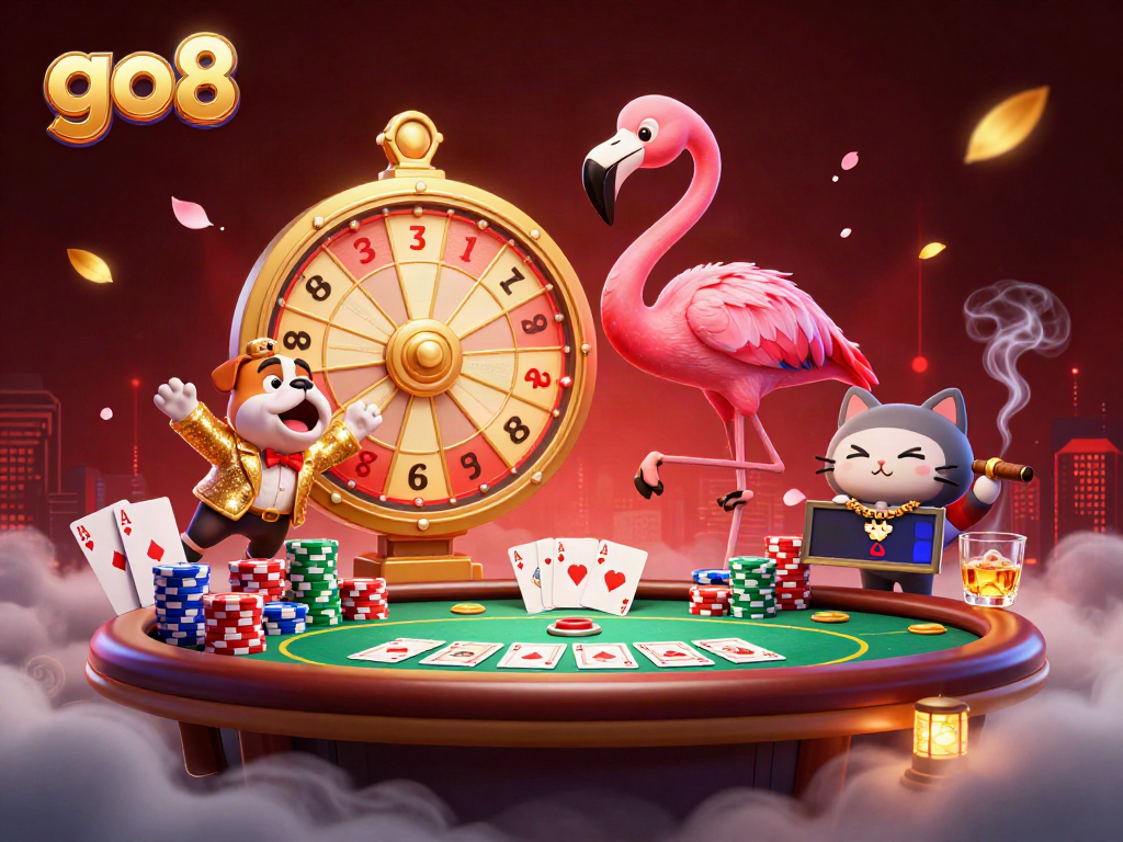 Spin the prize wheel with go8, featuring a flamingo game show host, bulldog contestant, and poker excitement.